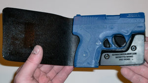 Wallet style top covered back pocket holster for licensed concealed weapon carry of Beretta Nano