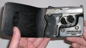 Wallet style top covered back pocket holster for licensed concealed weapon carry of NAA Guardian 380